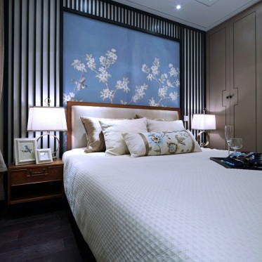 中式风格雅致蓝色卧室装修...
