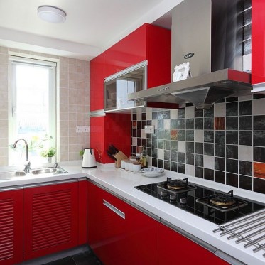 红色个性现代风格厨房橱柜...