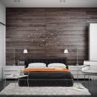灰色现代风格卧室床头背景...