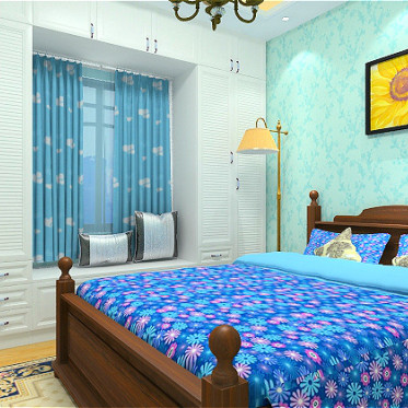 蓝色田园风格卧室装饰设计...