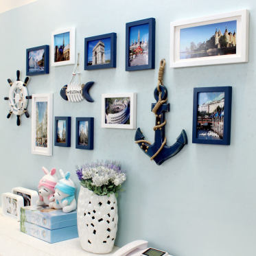 蓝色地中海风格照片墙装饰...