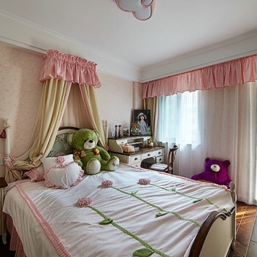 美式甜美粉色卧室窗帘装修...