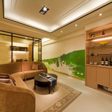 橙色新中式风格客厅装饰图