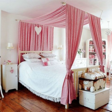 粉色北欧风格卧室床幔装潢...