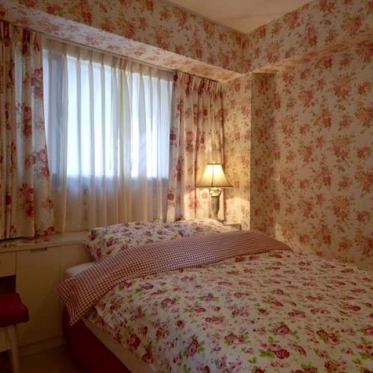田园甜美粉色卧室窗帘设计...