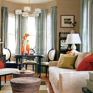 米色美式风格客厅窗帘装饰...