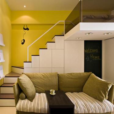 黄色简约风格客厅装修设计...