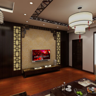 褐色中式风格客厅电视背景...