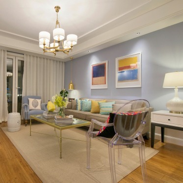 浪漫轻奢美式风格蓝色客厅...