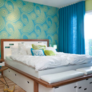蓝色地中海风格卧室壁纸装...