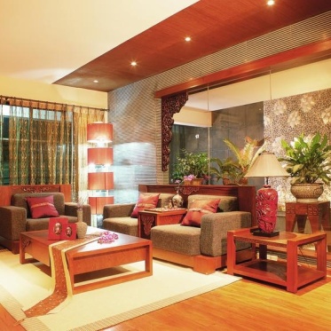 中式风格橙色客厅窗帘图片...