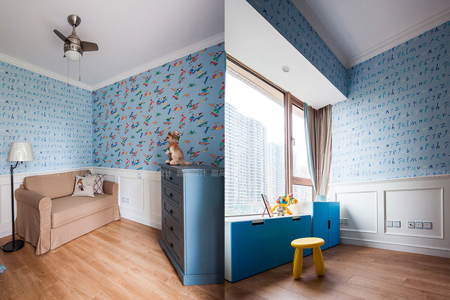 儿童房则是采用了蓝色调，可以在里面自由地畅游。