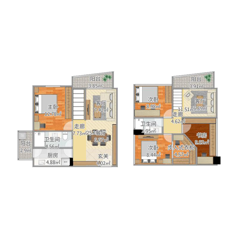 在既有屋况翻新的同时，局部拓宽了夹层机能使用，将挑高的大器质感，保留予一家人最常使用的客厅空间，让夹层在原本的两房设定之余，增加了多功能的起居空间。