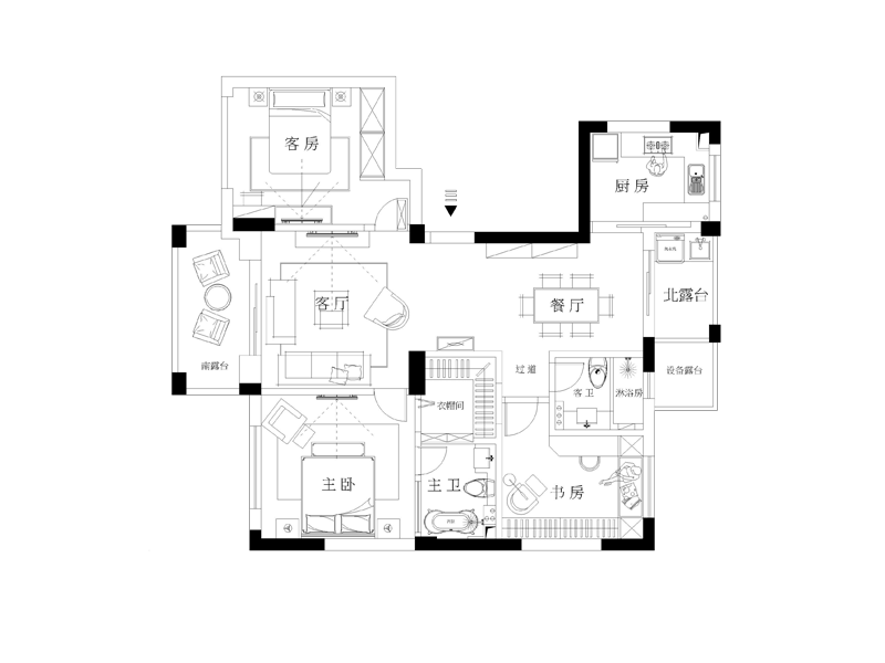 这是一套两室两厅一厨一卫的简约户型，整体兼有传统中式风格和现代简约风格，以一些简约的造型为基础，添加了一些中式元素，使整体空间更加丰富，大而不空，厚而不重，有格调又不显压抑。业主一直想要温暖、简单、舒适的居住环境，所以用黑白灰三色为基底，搭配紫色、蓝色等一些温暖的颜色让家更有味道。