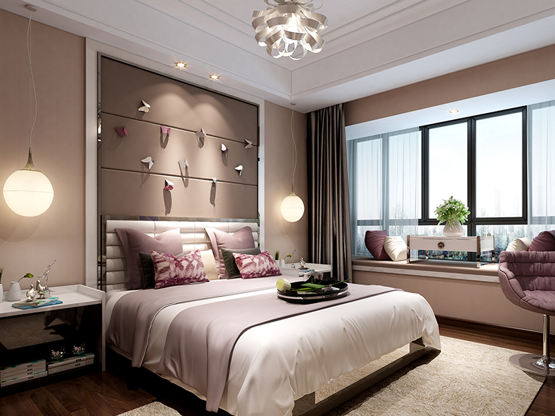 淡淡的暖色调让卧室充满浪漫情怀，别致的吊灯让卧室更梦幻。