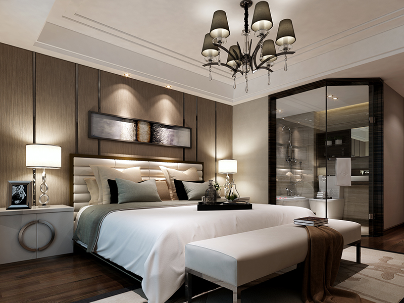 浅棕色与白色的协调，让卧室在温馨的氛围中略带深沉。