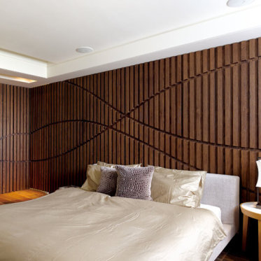 木质竖纹中式卧室背景墙设...