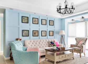 蓝色美式客厅照片墙设计