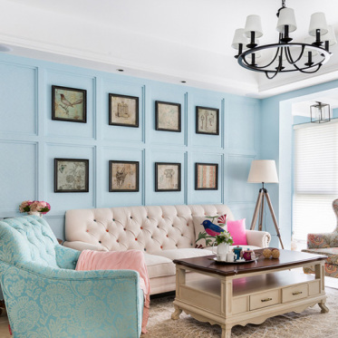 蓝色美式客厅照片墙设计