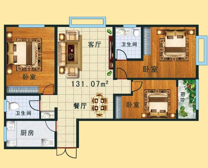 实木和大理石的使用配合温润如玉的米色茶色系软装让三室两厅的住房显得更加舒适和宽敞。