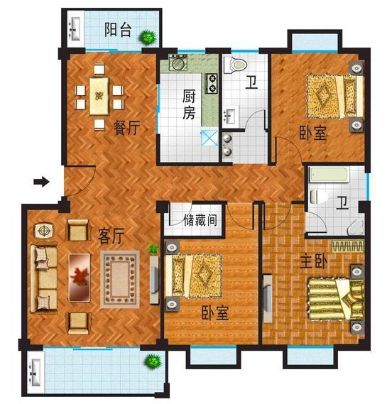 这是一套3室2厅1厨1卫的户型。充分利用大户型大空间的优势。自然素材融入装饰细节，简约大气有质感。