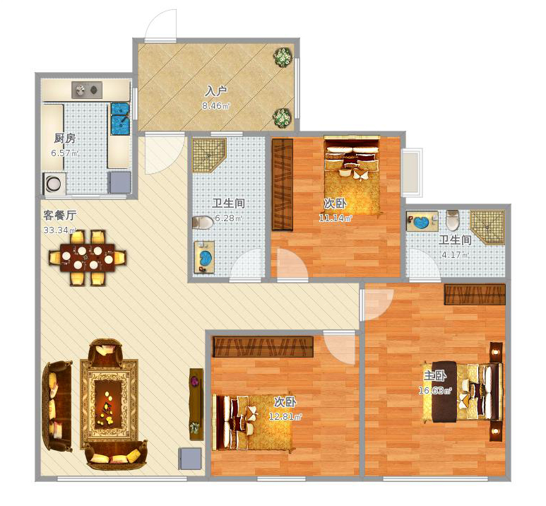 空间多采用独立式的设计，客厅的横向面积打通，餐厅和客厅融为一室。原木的家装比较有亲切的格调，很有偏执的清新感觉。