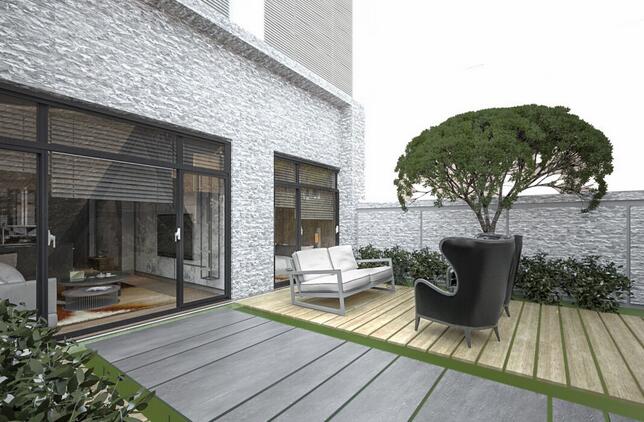 二楼阳台设计更多注入了绿色植物的元素，让宽敞的外部空间更为鲜活。一侧种植的大树俨然将这里变成了私人的大花园。