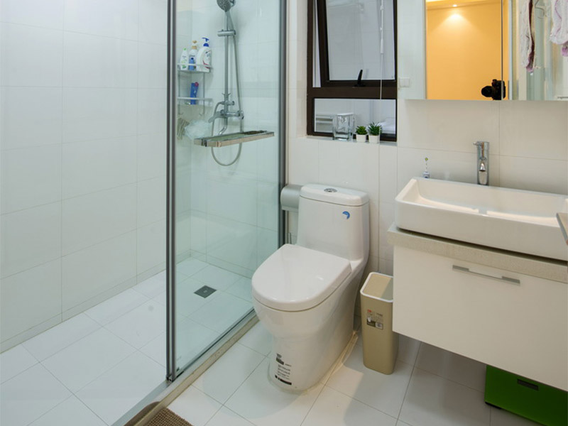 卫生间相对较小，设置一个“一”字型的淋浴房合理利用空间的同时也做到了干湿分离。