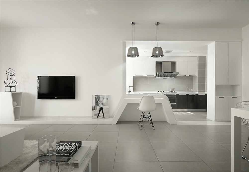 线条的设计既拉伸了视觉空间，也自然的将客厅区域与厨房区域衔接起来。