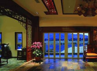 中式风格海景别墅休闲区装修效果图-中式风格盆景花卉图片