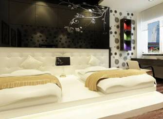 现代风格快捷酒店卧室床头背景墙装修效果图-现代风格床图片