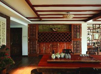 128m²跃层中式风格餐厅背景墙装修效果图-中式风格酒柜图片