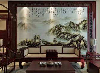 新中式风格客厅瓷砖背景墙装修效果图-新中式风格实木茶几图片