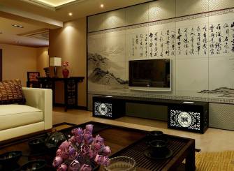 新中式风格客厅瓷砖背景墙装修效果图-新中式风格实木茶几图片