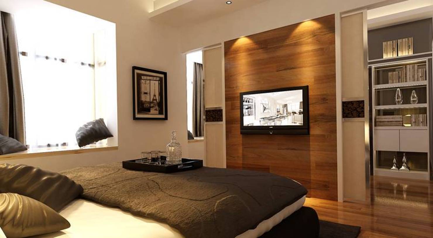 现代风格卧室电视背景墙装修效果图-现代风格床图片