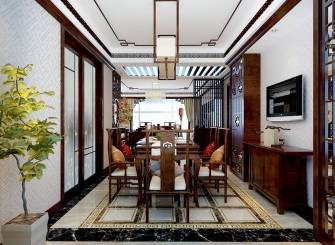 中式风格大户型餐厅背景墙装修效果图,中式风格吊顶图片