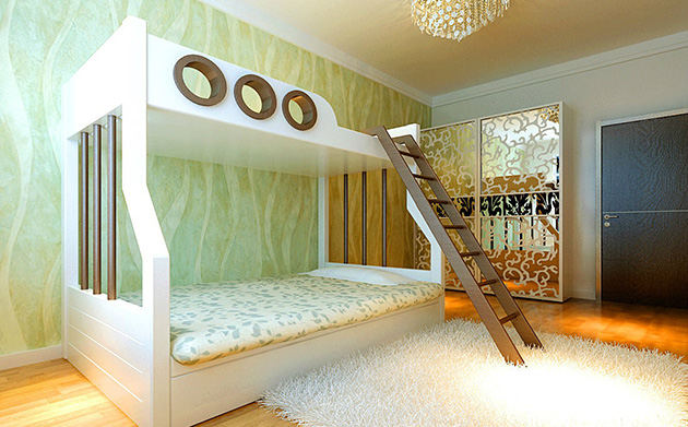 双人儿童房壁纸采用青绿色的壁纸尽显活力，双层床既节约空间，亦增添了亲人之间的乐趣。