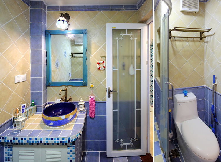 卫生间以蓝色，黄色为主色调，打造了一个温馨的空间。