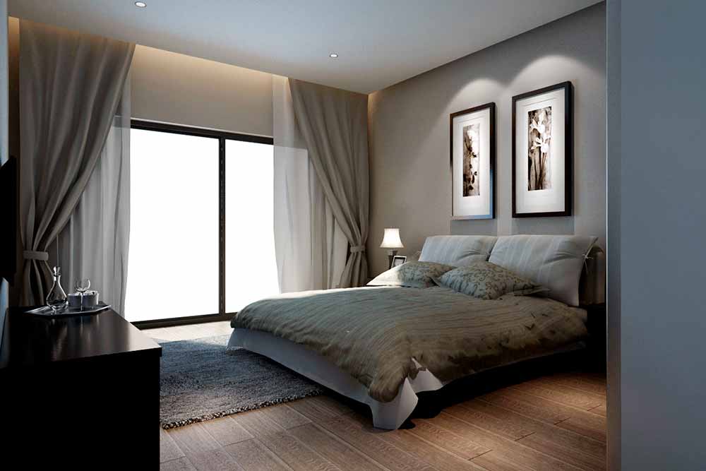 两张独特的艺术挂画构成了床头立面，再以灰色系打造简单舒适的睡卧空间。