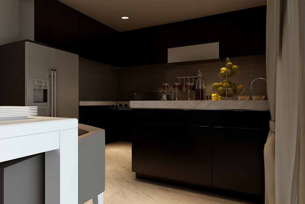 厨房的规划相对简单，采用半开放式，让自然光线更好地进入空间。