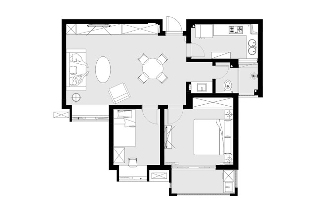两室一厅的格局下，整体居室还原了现代家装的基本空间构造。相对家庭装修来说，统一的灰色色彩将整体的风格进行统一，且灰色调相对更沉稳一些。更有力量感。