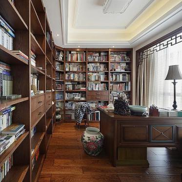 褐色中式风格书房书柜装修...