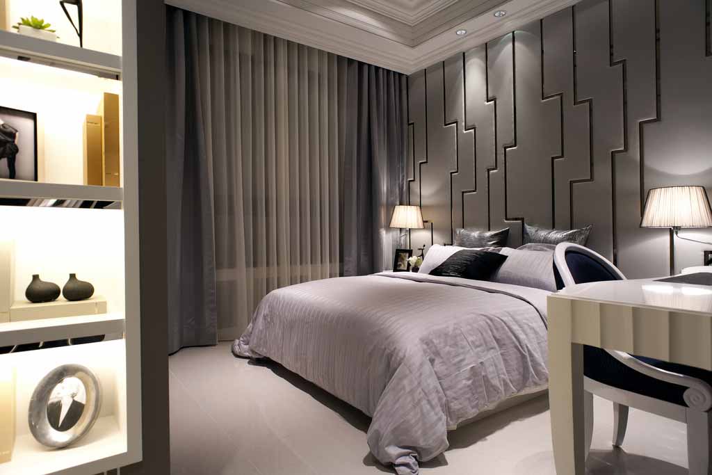 床头墙面具有现代个性的造型设计成为了空间内的视觉重点。