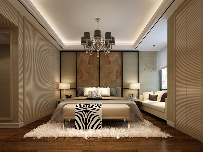 这个卧室也是直线条顶面，暖色系，床后用中式元素背景，简单大气。