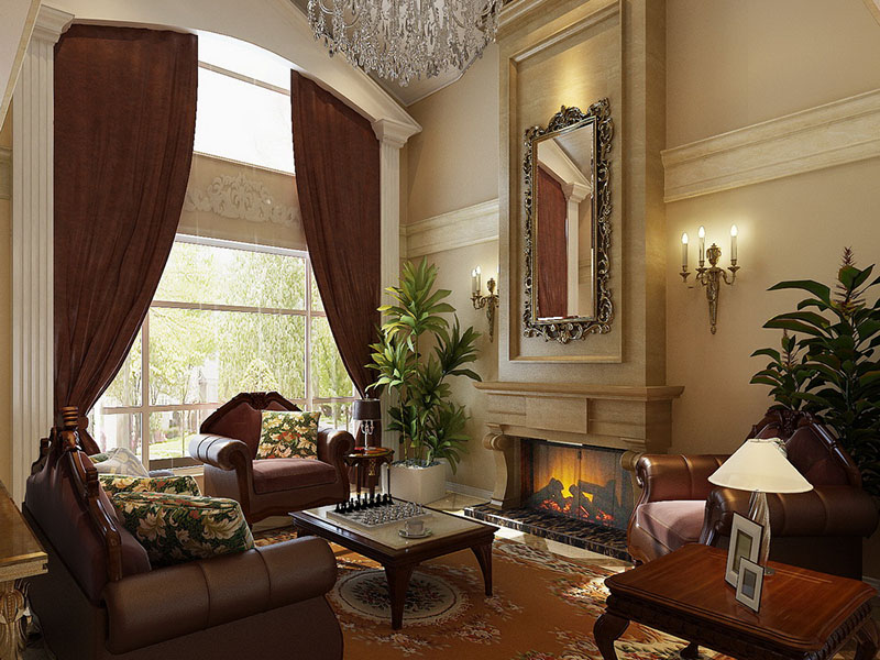 华贵的吊灯，气派的窗户，用深沉的色调构造出一个大气、典  雅的客厅。