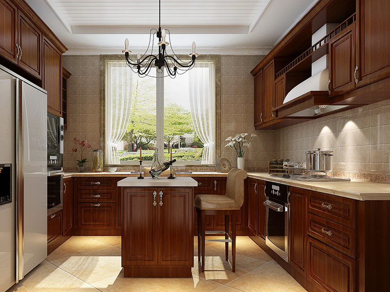 结合客厅整体风格，使用木制家具使厨房更温馨。