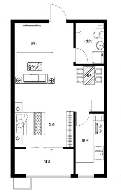 小户型单身公寓怎样设计好看又简洁，业主想了很久选择了田园风格。设计师应其要求利用碎花等清新的元素，在较小的大厅内内，划分出餐区、会客区、阅读区，让会客和个人生活都很便利。